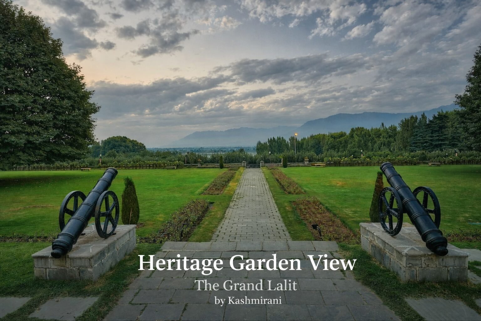 Heritage garden view of The Lalit Grand Palace Srinagar — 101 acres of Mughal-style gardens