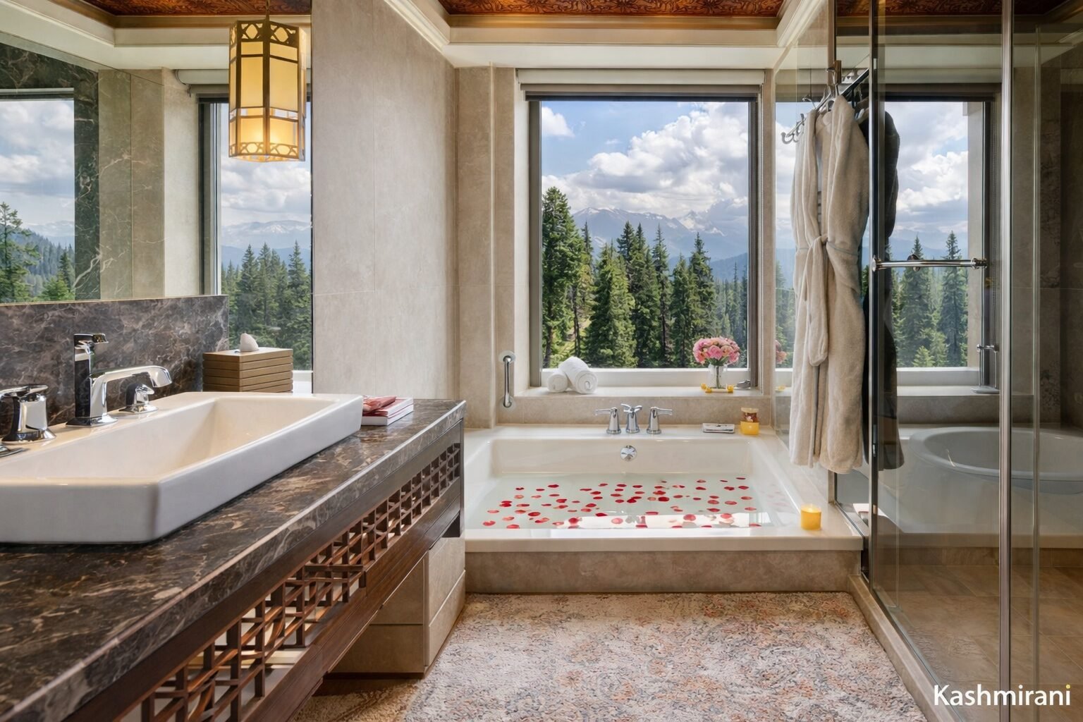 Mountain View Luxury Bathroom — Khyber Hotel Gulmarg