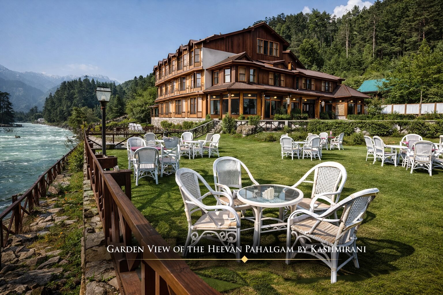 Lidder River view from Hotel Heevan Pahalgam resort gardens