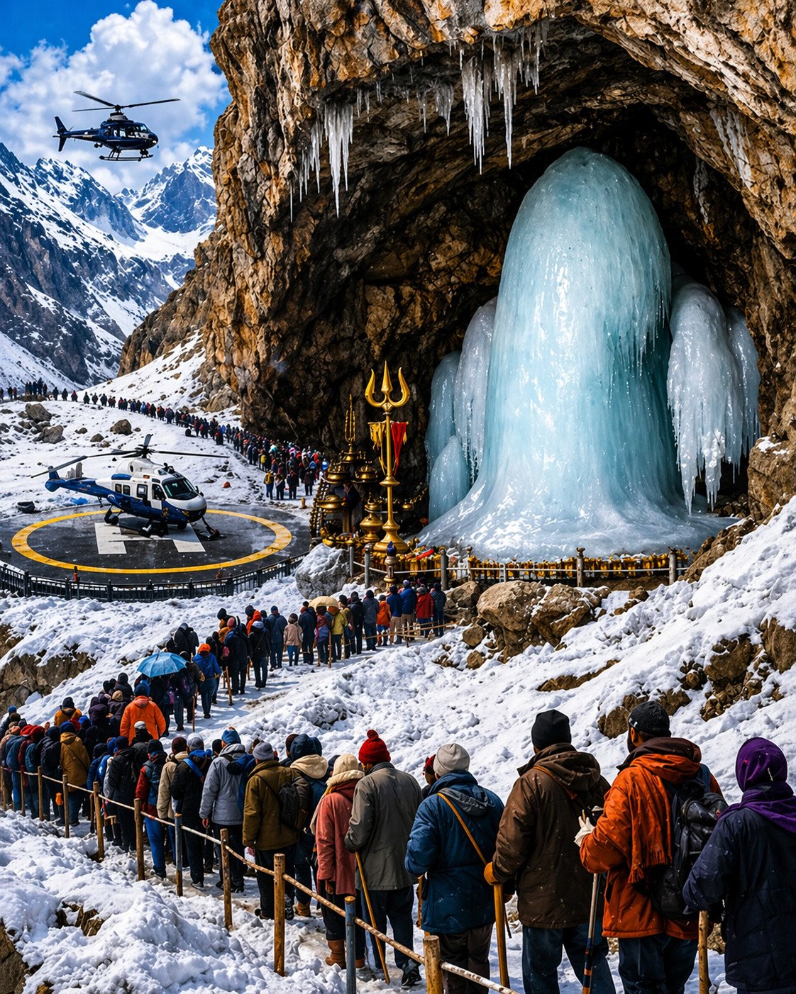 Close view of Amarnath ice Shivalingam inside cave